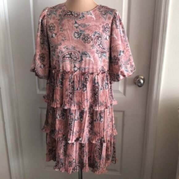 CODE X MODE Dress Paisley Tiered Ruffle Pleated Skirt Pink Green Sz.L - Picture 2 of 12